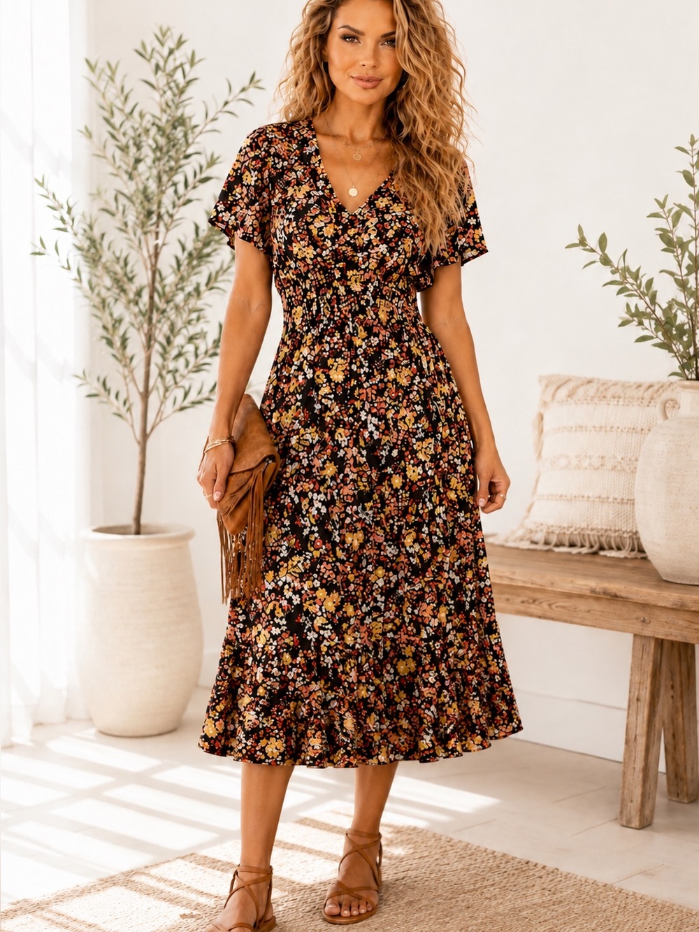 Madewell Black Floral V-Neck Midi Dress with Orange, Yellow & Pink Accents